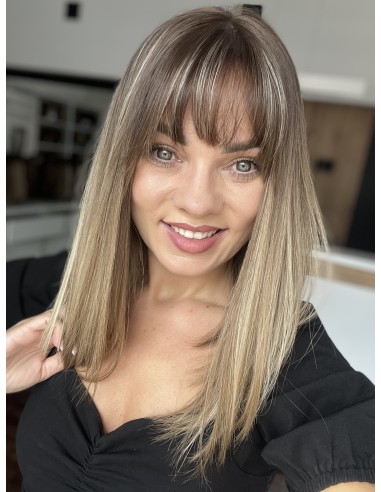 BAJA 40 CM- Peruka z włosów naturalnych  z grzywką  "S" PREMIUM -Mikroskóra