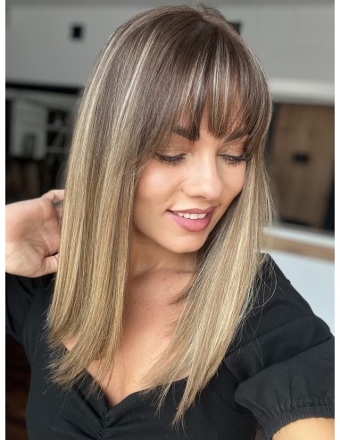 BAJA 40 CM- Peruka z włosów naturalnych  z grzywką  "S" PREMIUM -Mikroskóra